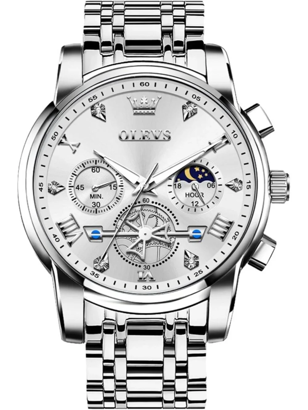 Men's All silver Stainless Steel Waterproof Big Face Multifunction  Wrist Watch